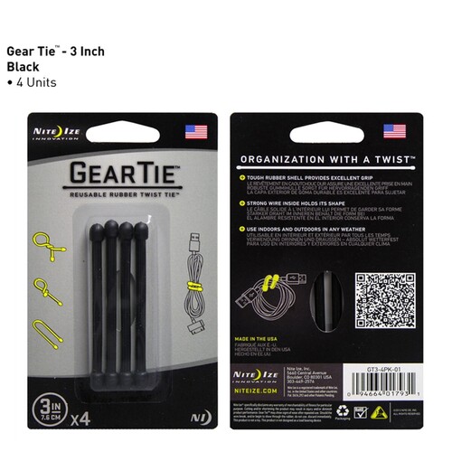 Nite Ize Gear Tie 3" 4 Pack Black